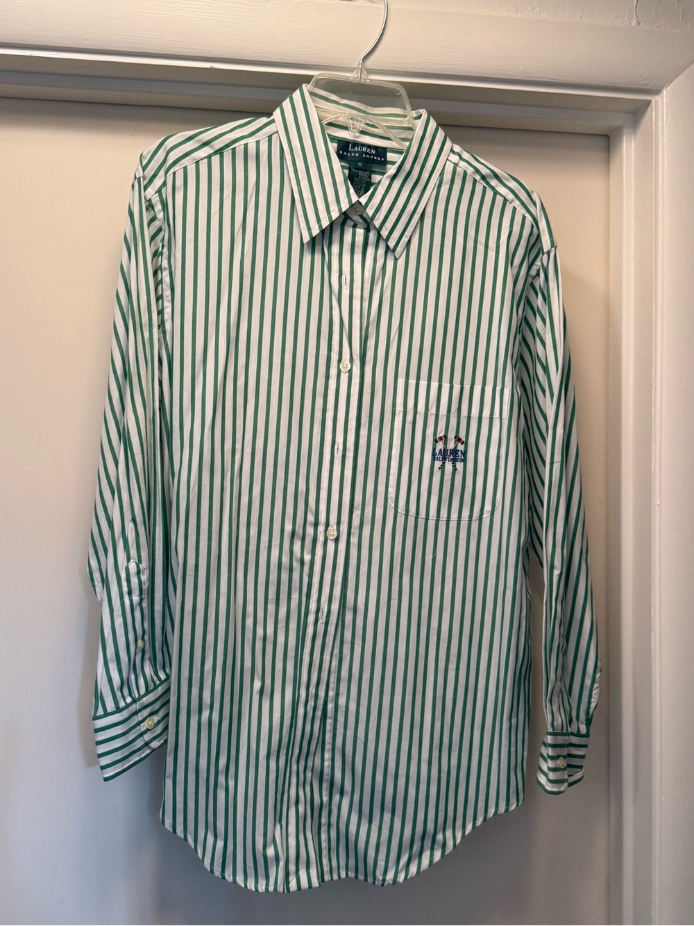 Women’s Ralph Lauren Green and White Vertical Stripe Dress Shirt - Picture 1 of 5